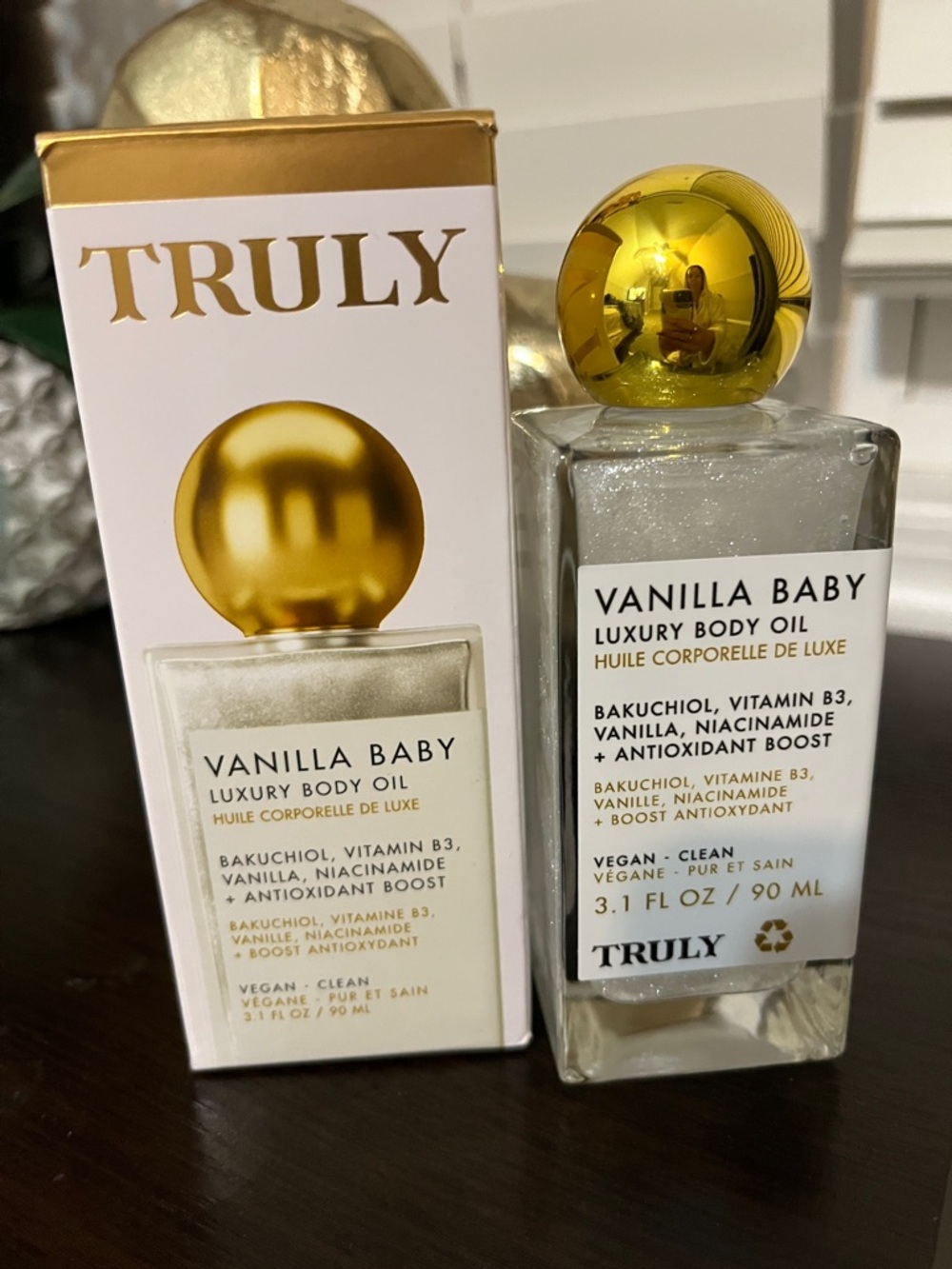 TRULY Vanilla Baby Luxury Body Oil — Gold & White Bottle